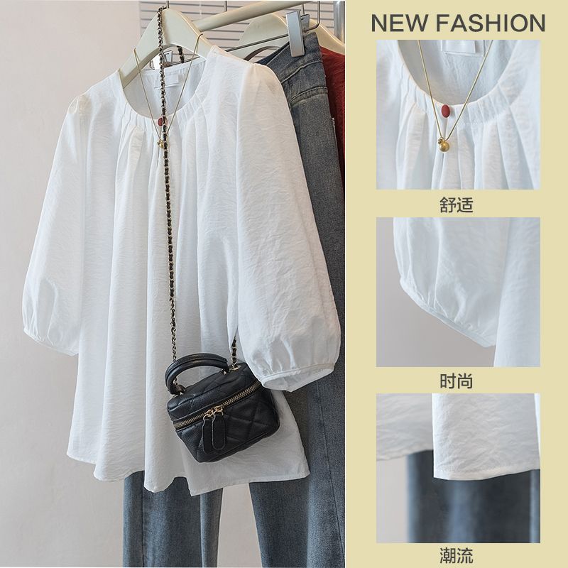 Plus-Size Korean-Style Design Solid Color Puff Sleeve T-Shirt for Women, 2026 Spring/Summer New Loose Fit Slimming Seven-Quarter Sleeve Top