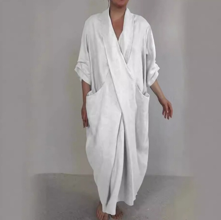 Spot Amazon European and American Cross-Border Export Women's Bathrobe Skirt Pure Color Casual Large Flap Pocket Pants V Neck Slit Dress