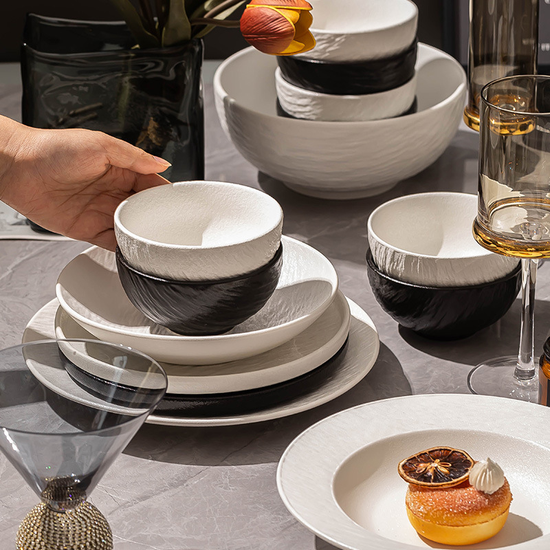Household High-grade Black and White Dishes and Dish suit Simple Style Stone Pattern Frosted Dishes and Dish Rice Bowl and Dish Combination Optional Tableware Household High-grade Black and White Dishes and Dish suit Simple Style Stone Pattern Frosted Dishes and Dish Rice Bowl and Dish Combination Optional Tableware