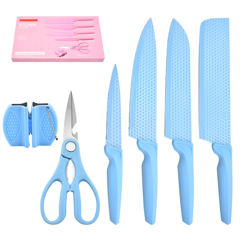 Spot al por mayor patrón de copo de nieve 6 esquinas patrón de diamante con afilador de cuchillos regalo en caja juego de cuchillos de cocina