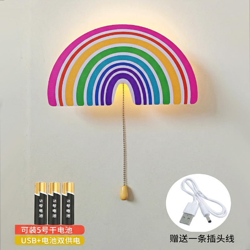 Cross-Border Battery USB Dual Power Supply, No-Wiring Children's Room Wall Lamp, Cartoon Rainbow Cloud Mobile Bedroom Bedside Lamp