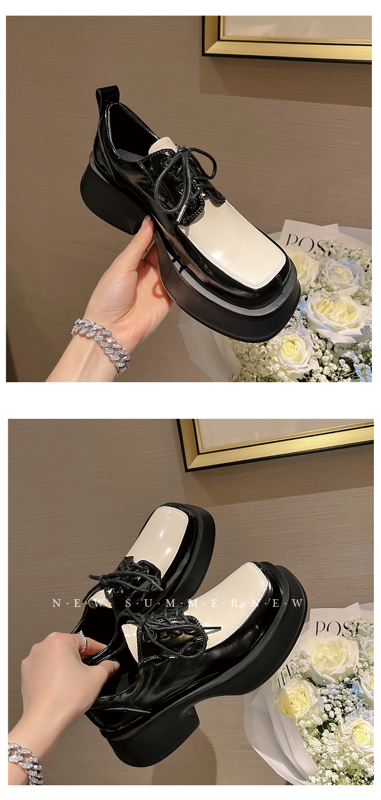 Giày loafer nữ đế xuồng platform da thật buộc dây phối màu đen trắng — màu đen chi tiết 16