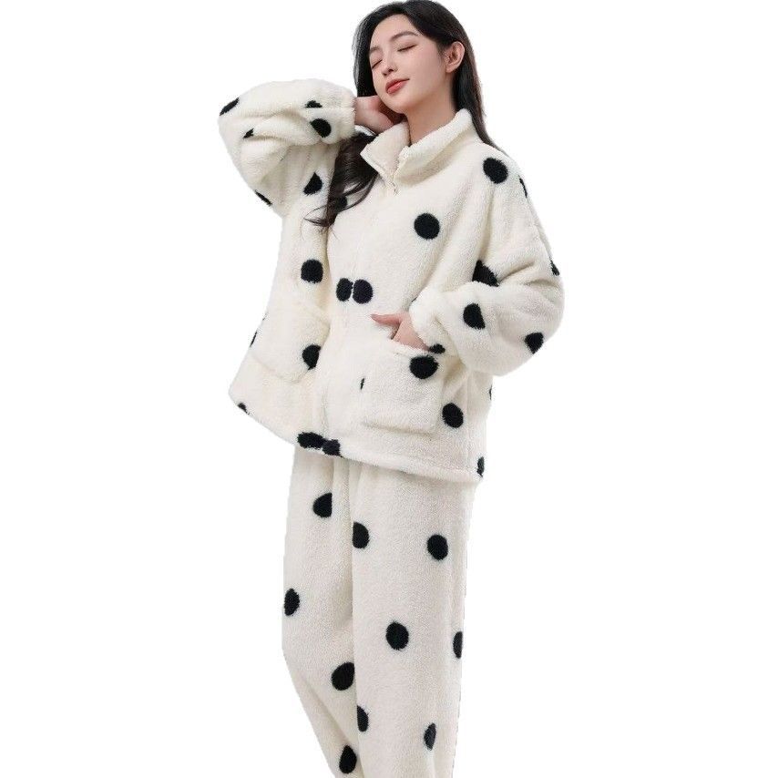 Pijamas de invierno al por mayor transfronterizos de punto de ondas de peluche largo collar de los estudiantes de ropa de casero en línea con cremallera ocio engrosado conjunto