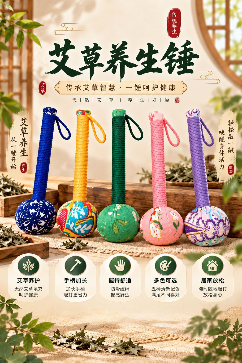 Handmade Mugwort Massage Hammer Ai Cao Hammer 31cm Embroidered Wellness Gift for Meridian Tapping overview