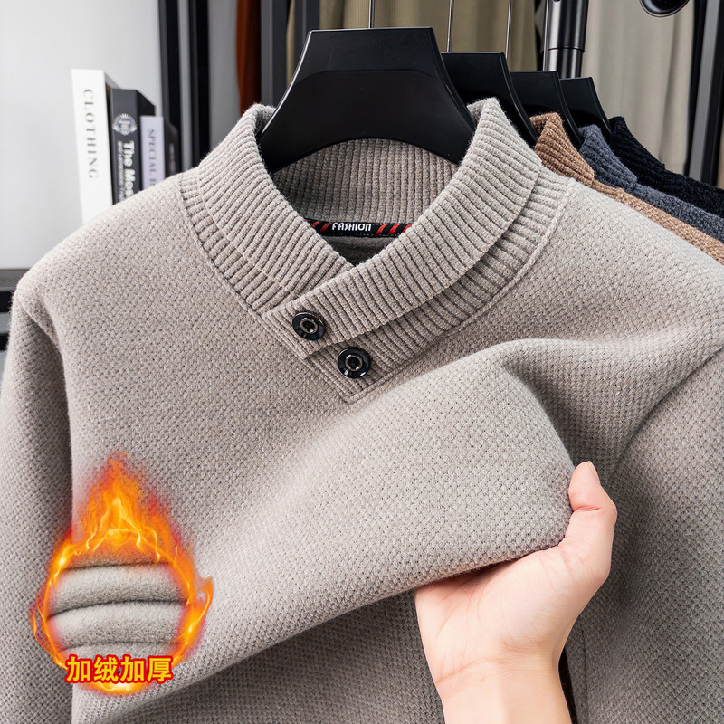 Ferret Scarf Collar Fleece-Lined Knitwear for Men 2025 Winter New V Neck Thickeneded Warm Knitwear Bottoming Shirt for Men
