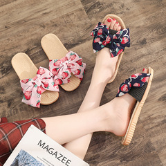 A Japanese-style new summer bow linen cool slipper for women, home use, soft bottom, anti-slip flat slipper