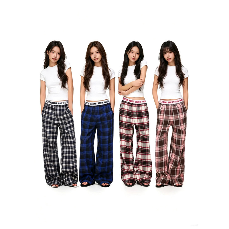 Plus-Size Women's Letter-Print Belt Patchwork Wide-Leg Pants, American Retro Plaid Casual Pants, Loose Straight-Leg Long Pants for Women
