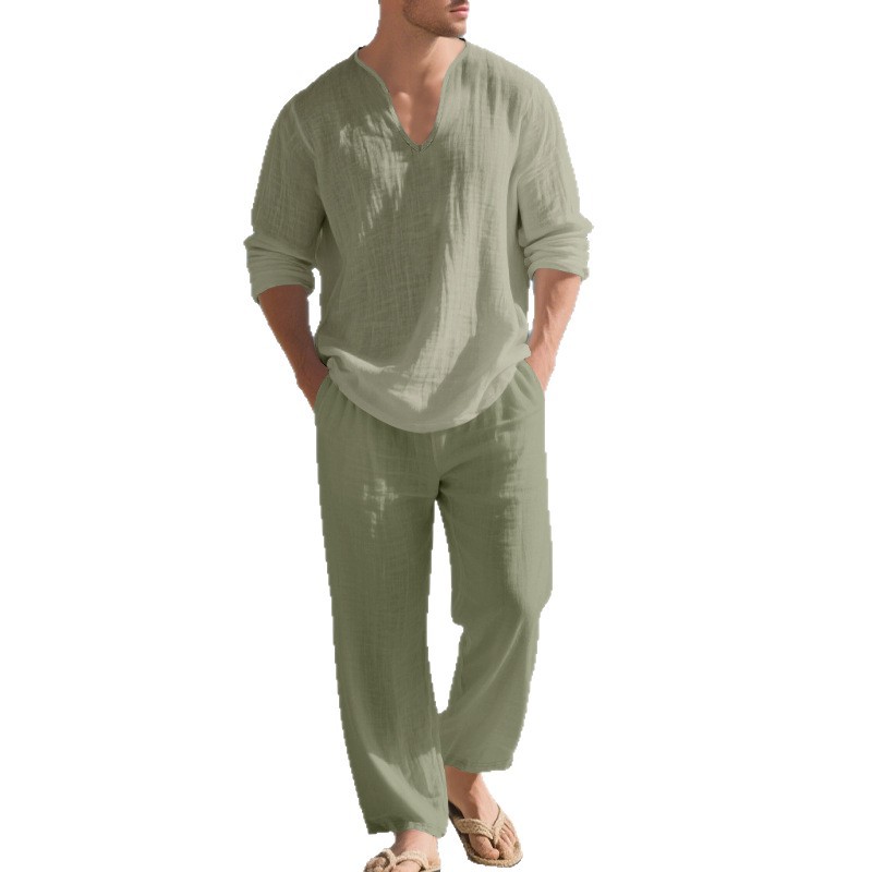Herren-Leinenanzug für den Herbst, lässig, Strand-Look, V-Ausschnitt, lange Ärmel, lockere Hose, Sportanzug_voghion.com