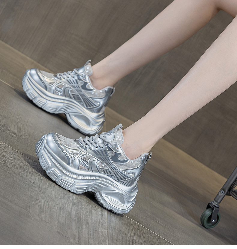 Giày sneaker chunky đế dày độn cao bên trong nữ phong cách thể thao thời trang mùa hè 2025 — M2832 màu đỏ, M2832 màu be, M2832 màu bạc chi tiết 27