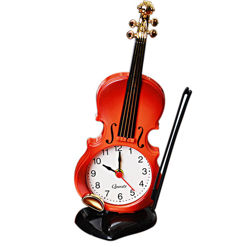 Simulated violin alarm clock, creative musical instrument shape desktop clock, living room plastic ornaments, student desk clock