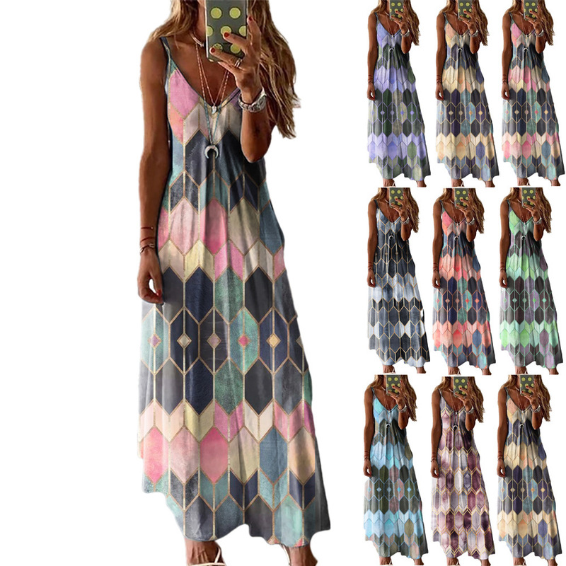 2021 European and American Amazon wish cross-border foreign trade women's summer casual printed camisole long dress 2021 European and American Amazon wish cross-border foreign trade women's summer casual printed camisole long dress
