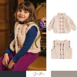 现货  LM秋冬新款女童羊羔毛马甲外套洋气重工绣花女宝厚棉服外穿