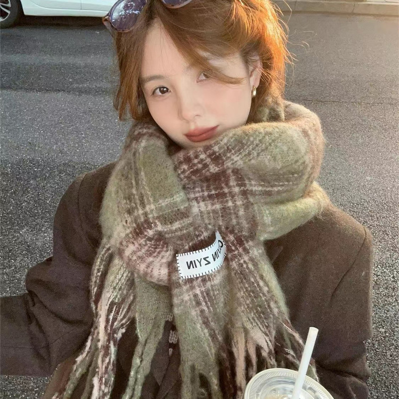 糯叽叽温柔灰粉格子围巾女2025秋冬季保暖仿羊绒学生围脖披肩两用|undefined