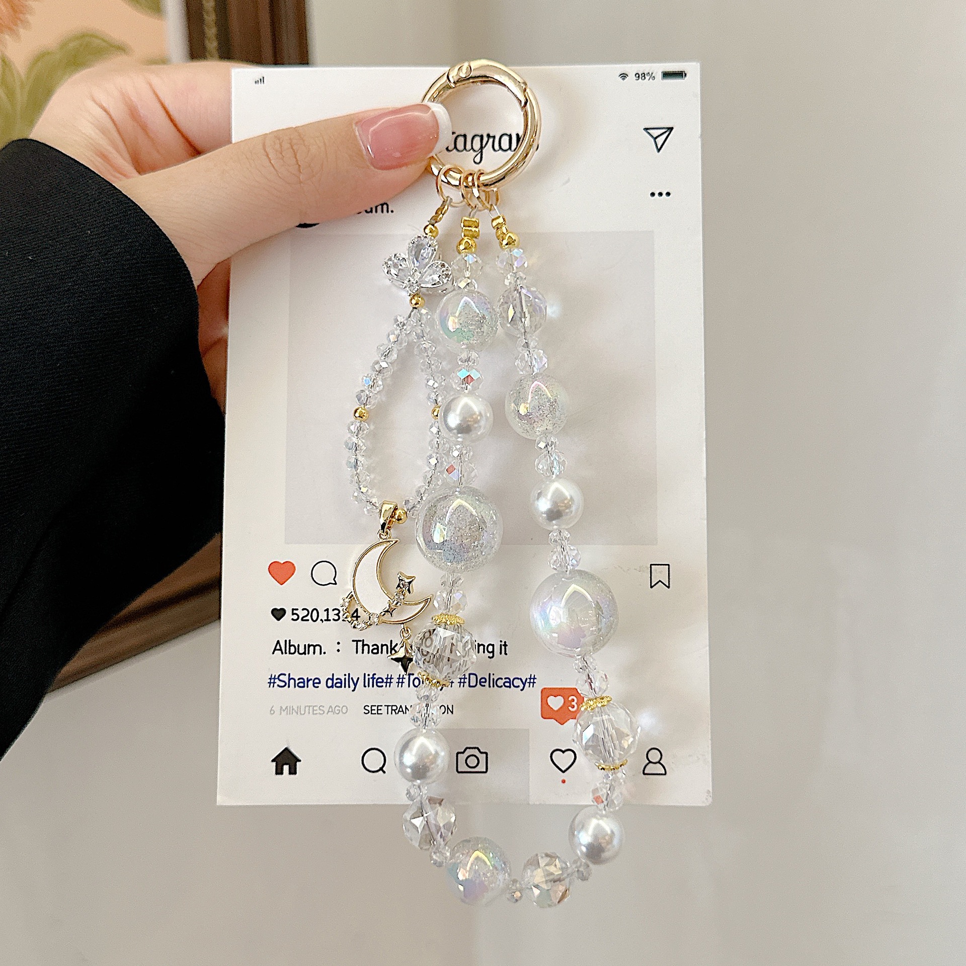 Cadena de teléfono móvil de alta gama hecha a mano de boutique, cadena de pulsera de luna de cielo estrellado, cordón de teléfono móvil de moda, mochila/colgante corto