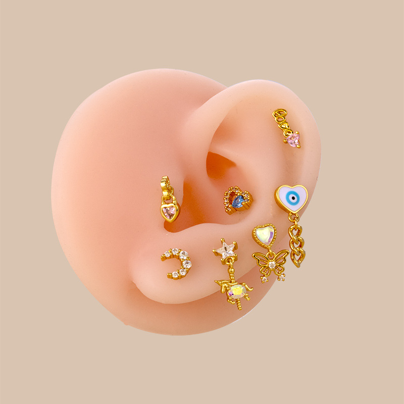 Fashion Moon Heart Shape Butterfly Metal Plating Inlay Zircon Ear Studs 1 Piece