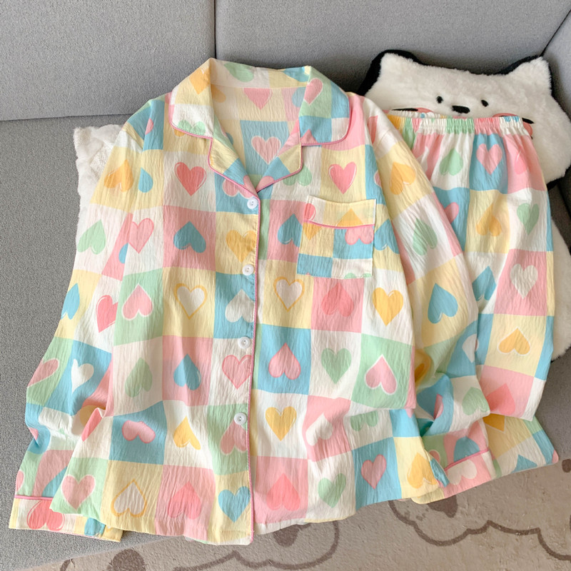 工厂直销云朵棉新款睡衣女长袖长裤开衫翻领卡通大码家居服套装|undefined
