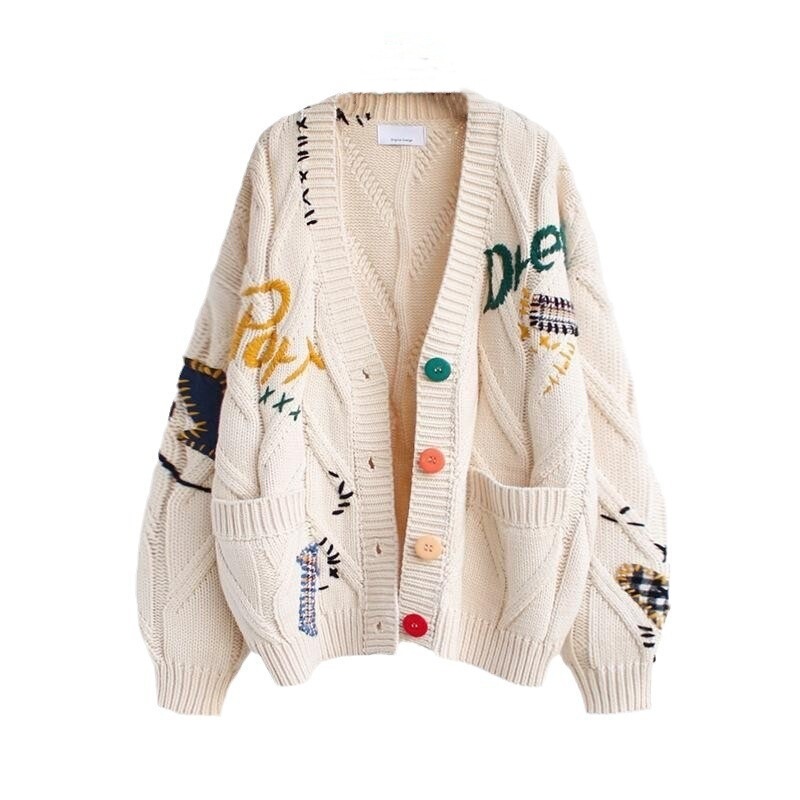 Fashionable Lazy Style Embroidered Sweater for Women, Autumn/Winter 2026 New Letter Design Loose Knit Cardigan Trendy