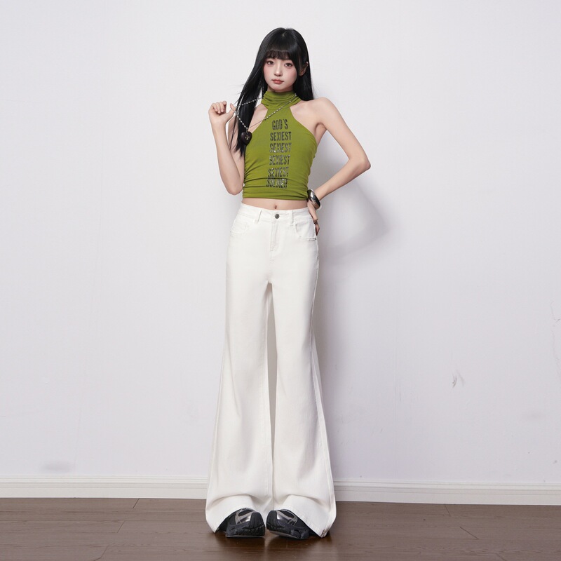 Childish Orange # Off-White Stylish Flared Jeans for Women, Low-Waisted, Stretchy, Slimming, Hip-Covering, Fashionable and Versatile Bell-Bottom Pants.