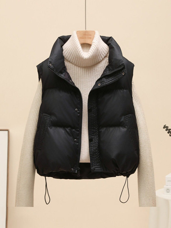 Áo khoác ngắn nữ dáng vest cổ đứng, phối túi khóa kéo ngực, giữ ấm mùa đông — Màu trắng nhạt, Xanh quân đội, màu đen, nâu