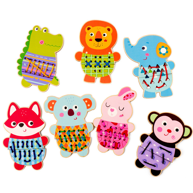 Niños de madera animal vestido hilo hilo hilo juego de cambio de ropa puzzle puzzle bloques de construcción juguetes de educación temprana