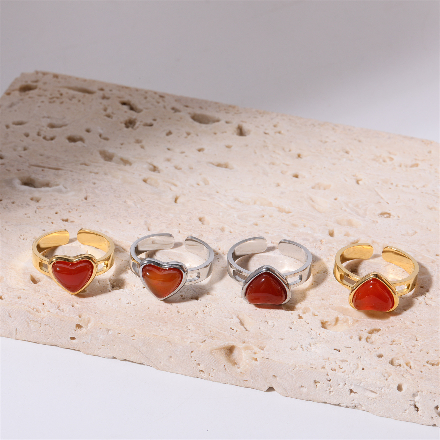 304 Stainless Steel, Agate, Titanium Steel Material 304 Stainless Steel Agate Titanium Steel Retro Inlay Heart Shape Agate Rings