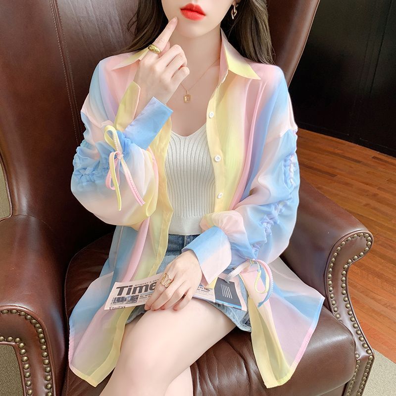 2025 Rainbow Women's Summer Thin Chiffon Shirt Drawstring Long Sleeve Top Fashionable Foreign Style Outer Cardigan Jacket