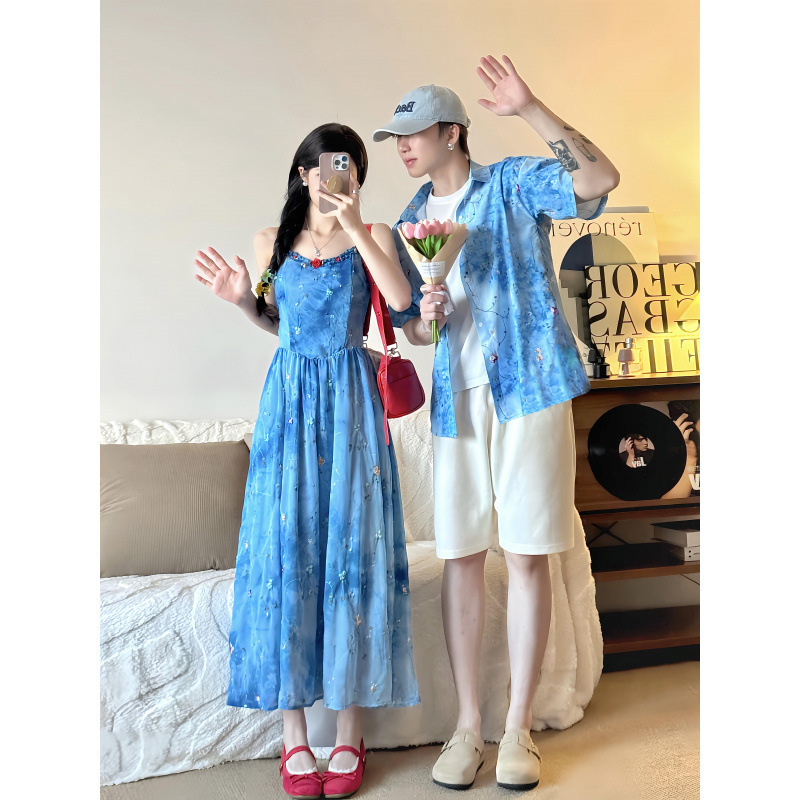 2025 New Summer Women's French Resort Style Beach Couple Wear Blue Suspender Dress Women's Floral Long Skirt