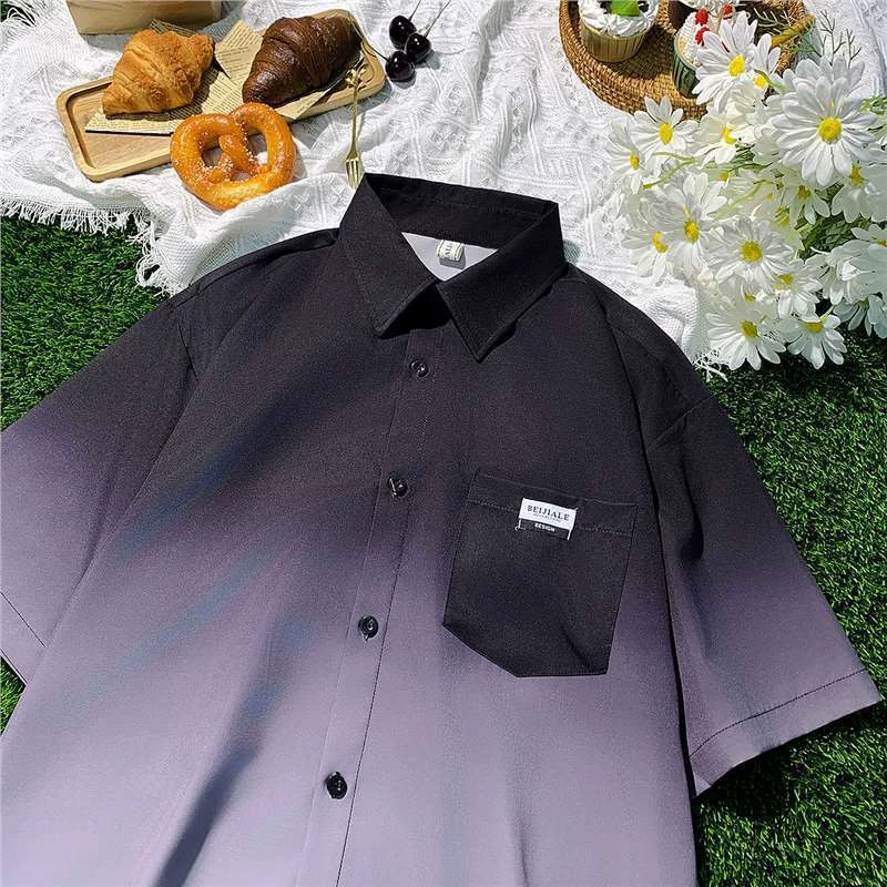 Премиум чувство красивый красивый прилив свободная рубашка куртка американский повседневный градиент рубашка с короткими рукавами мужской летний новый тренд