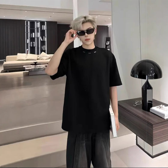 260g Heavy Black Shoulder T-shirt Men's Summer Fashion Brand Design Sense cleanfit Short Sleeve Small Collar Half Sleeve