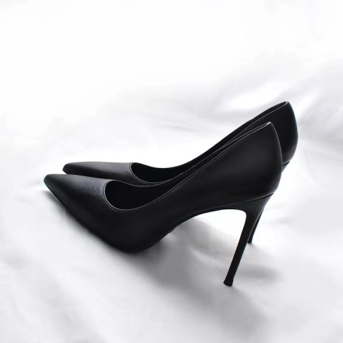 Professional high heels for women's black year pointed toe slim heels formal leather shoes etiquette flight attendant work shoes