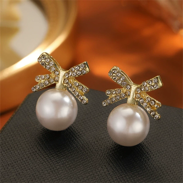 Pearl bow earrings, Japanese‑Korean style, rhinestone‑encrusted, lightweight 0.01 kg