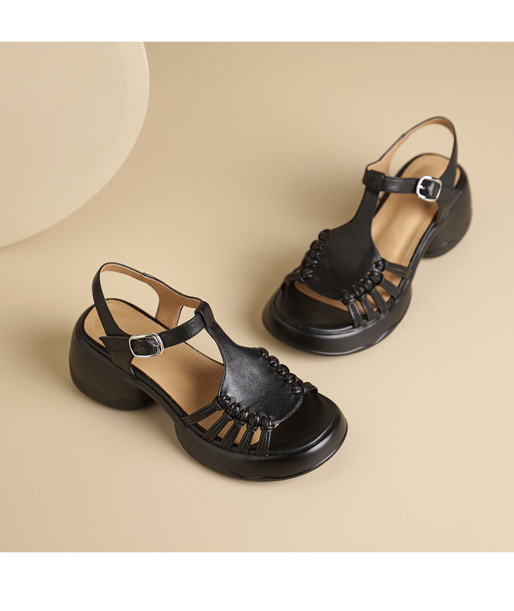 Sandal nữ đế dày quai ngang khóa chữ T dệt phong cách thể thao — đen chi tiết 13
