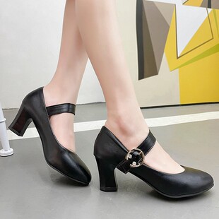 2024 New Soft Bottom Thick Heeled High Heeled Single-layer Shoes Women's Mid-heel Round-toe Women's Leather Shoes Moms Shoes for Four Seasons