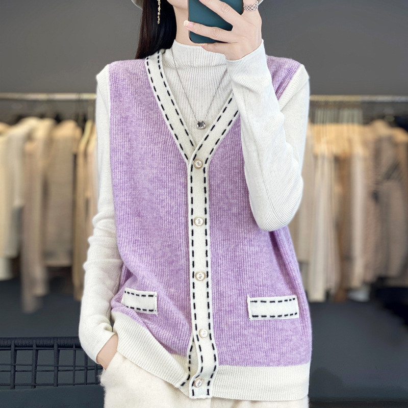 100%纯羊毛2025秋冬新款女式宽松v领气质小香风针织开衫背心马甲|undefined