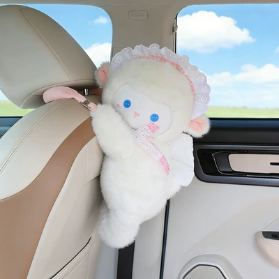 Car-mounted plush tissue box cute bear and rabbit car interior accessory tissue cover cartoon creative decoration (Car tissue box/set) - wall-mounted-tissue-box-blue-eyed-sheep