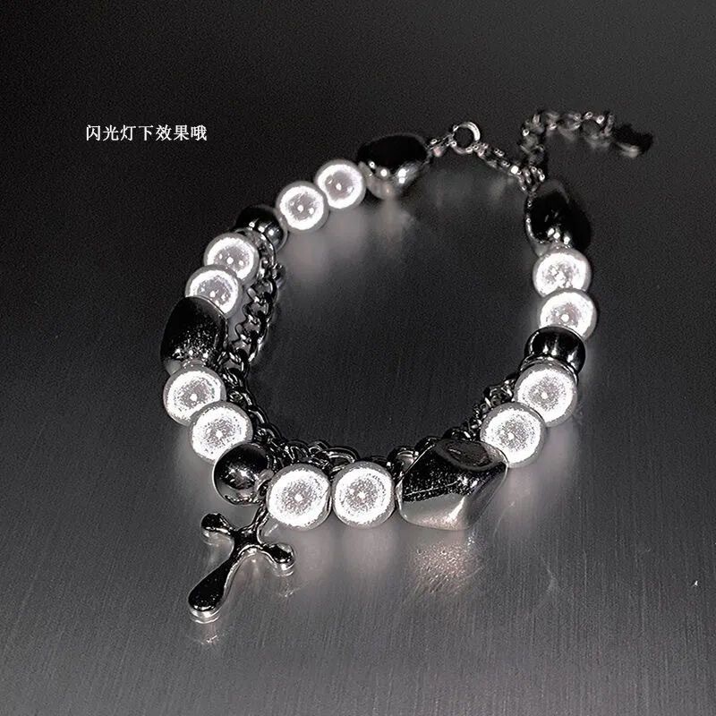 Reflective Pearl Cross Splicing Bracelet Ins Niche Design Cold Style High-End Sexy High-Value Hand Jewelry