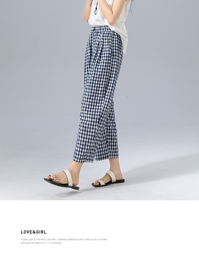 Quần culottes nữ ống rộng cạp cao kẻ sọc linen phong cách Hàn Quốc mùa hè — Caro xanh lam chi tiết 27