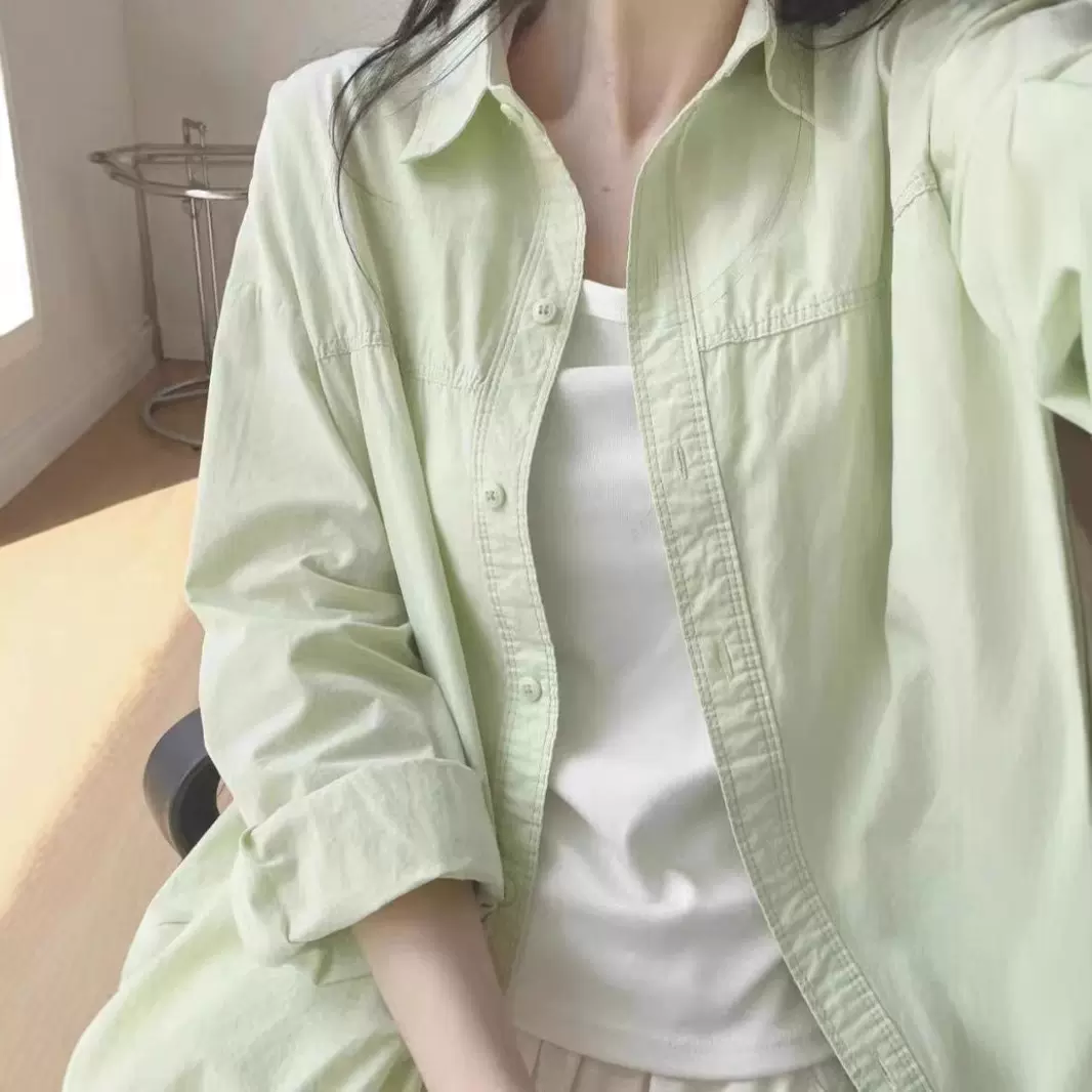 2025爆款纯棉薄荷绿防晒长袖翻领衬衫女士超好看宽松薄款外套上衣