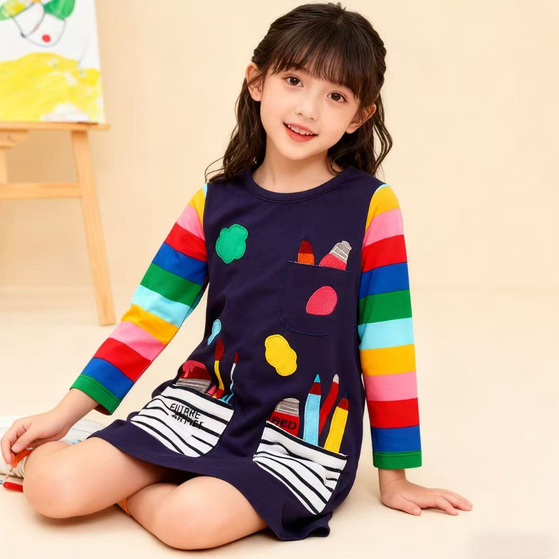 Girls' Autumn Dress Distribution and Dropshipping, Girls' Short-Sleeve Cotton Dress, A-Line Dress with Embroidered Pockets, Girls' Dress
