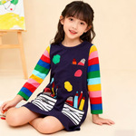 女童秋款连衣裙分销代发 女童短袖棉连衣裙A字裙绣花口袋女童连衣