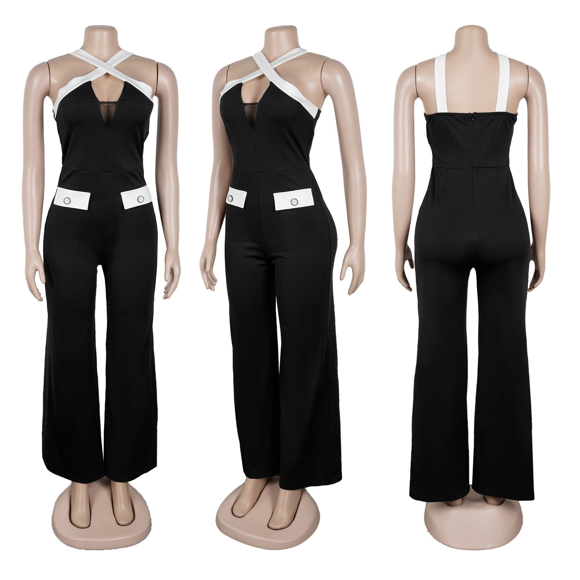 Elegant Women's Colour Block Jumpsuit Slim Fit Wide Leg Strappy_voghion.com