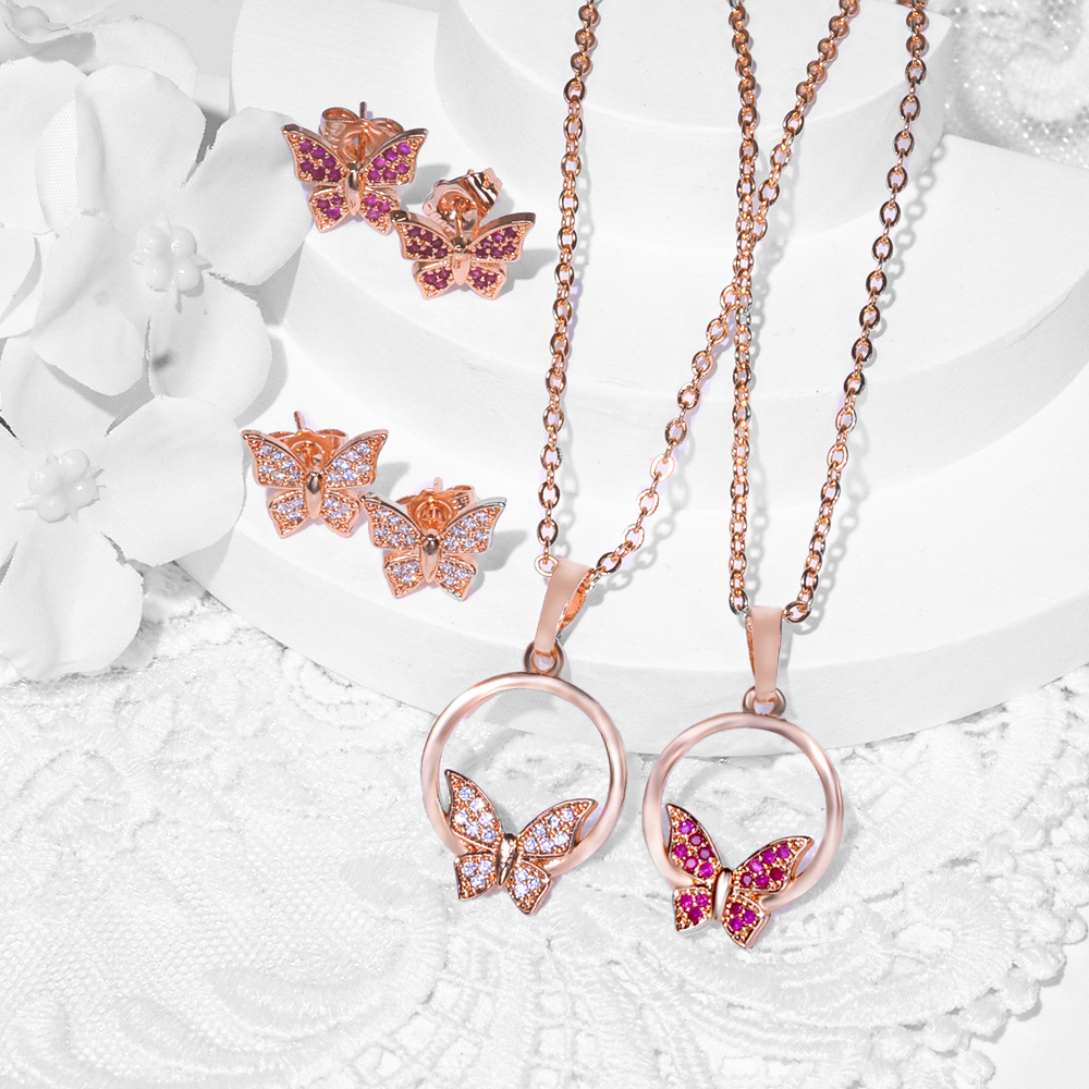 Selección transfronteriza conjunto de joyería para mujeres nueva moda mariposa diseño pendientes de zircon collar colgante dos piezas conjunto de joyería