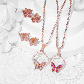 跨境选品首饰套装女新款时尚蝴蝶设计锆石耳环项链吊坠两件套饰品