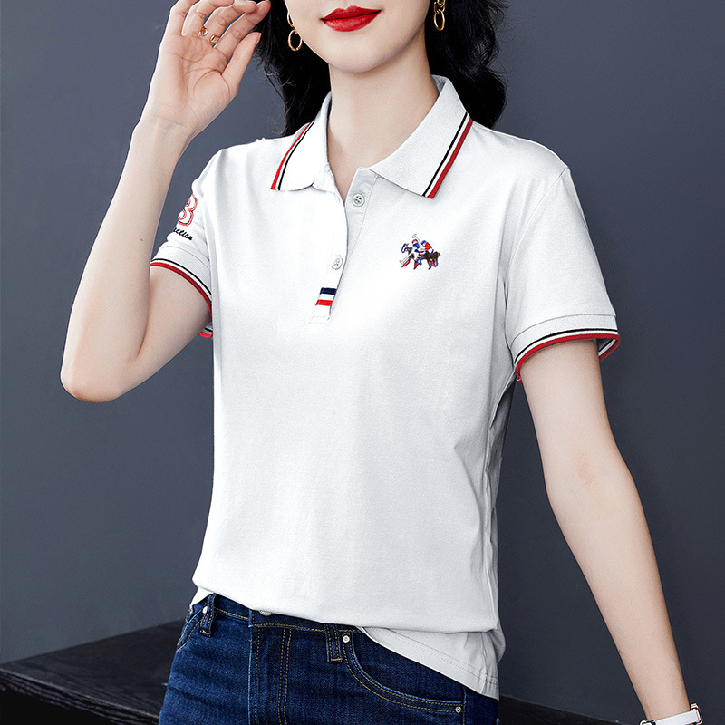 女性用襟付き半袖Tシャツ、夏用薄手2025年新作半袖トップス、おしゃれな中年ラペルポロTシャツ|undefined