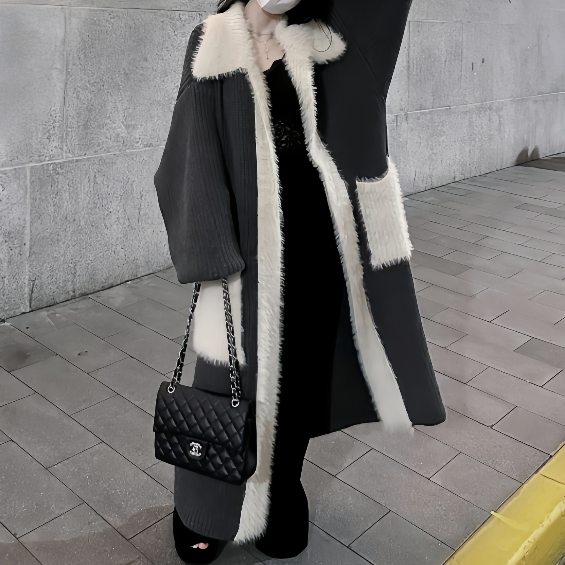 毛领过膝长款拼水貂绒毛毛高级感开衫毛衣秋冬宽松慵懒风外套加厚