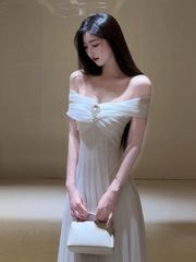 法式温柔网纱一字肩连衣裙子女夏绝美巨好看感收腰宴会礼服裙