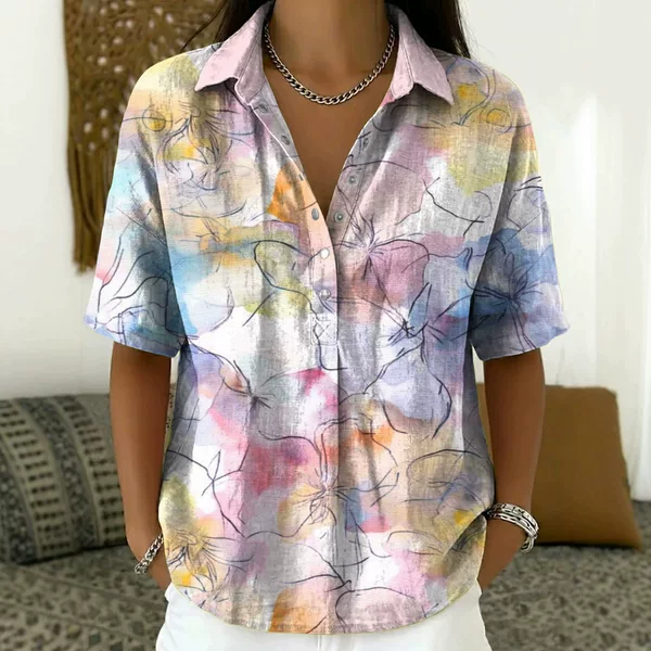 New Cross-Border 3D Digital Print Striped Gradient Floral Casual Versatile Style Women's Button-Down Short-Sleeve Shirt