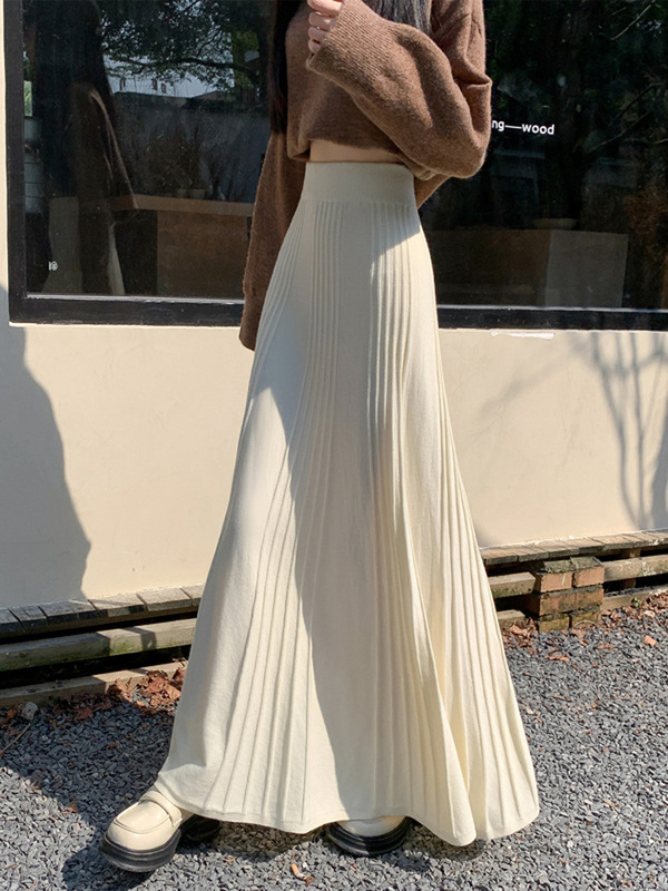 厚みのあるプリーツニットスカート女性用2025秋冬新作伸縮性ハイウエストスリムドレープAラインロングスカート|undefined