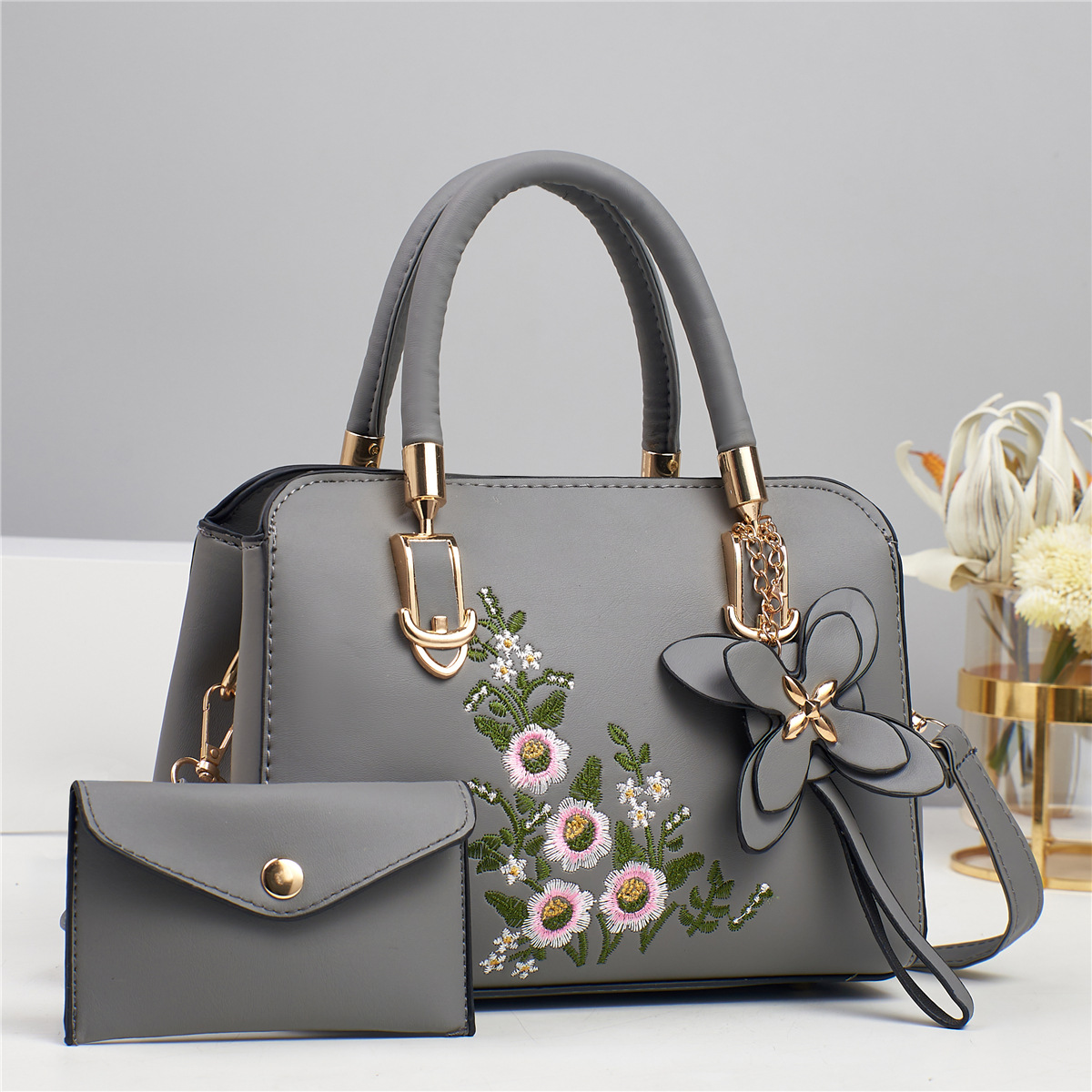 Zipper Closure Type Women's Medium Pu Leather Flower Elegant Sewing Thread Square Zipper Bag Sets