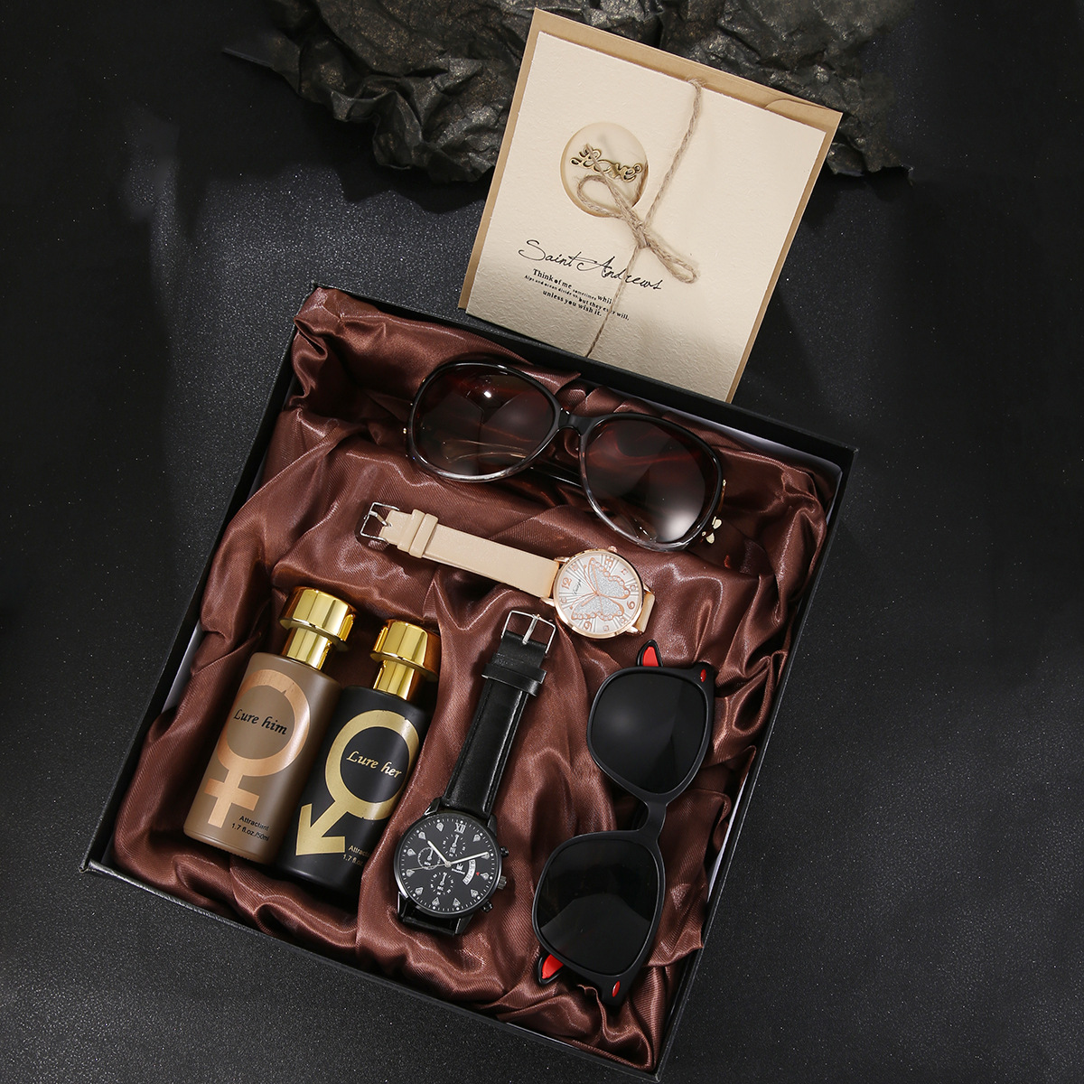 2025跨境新款时尚男士石英表商务个性双表情侣香水7件套礼盒套装